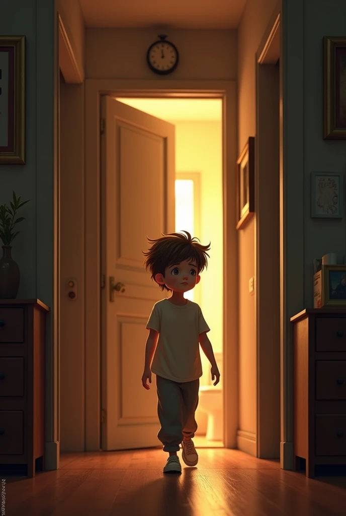 The boy leaves the room and goes to the bathroom