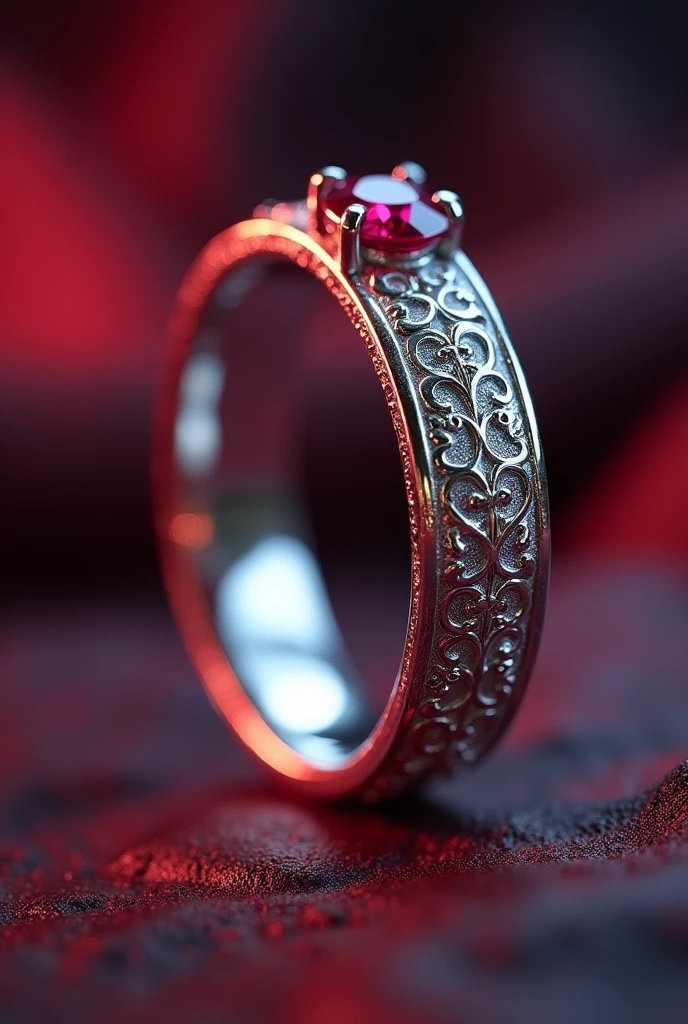 a beautiful detailed silver wedding ring with a blood ruby diamond, the ring is thin and the diamond is not embedded, intricate engraved patterns, glowing inner light, ethereal atmospheric lighting, extremely detailed, 8k, photorealistic, studio lighting, physically-based rendering, vibrant colors, cinematic composition