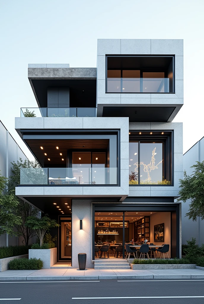 Restuarant facade architecture , exterior view , artistic , masterpiece architecture , archdaily , 4th floors , high quality rendering , postmodern look , postmodernism , white and black material