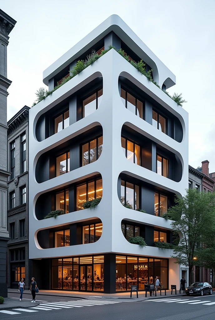 Restuarant facade architecture , exterior view , artistic , masterpiece architecture , archdaily , 4th floors , high quality rendering , postmodern look , postmodernism , white and black material