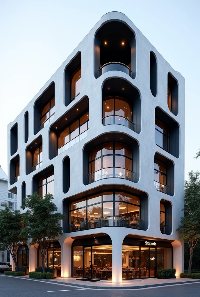 Restuarant facade architecture , exterior view , artistic , masterpiece architecture , archdaily , 4th floors , high quality rendering , postmodern look , postmodernism , white and black material