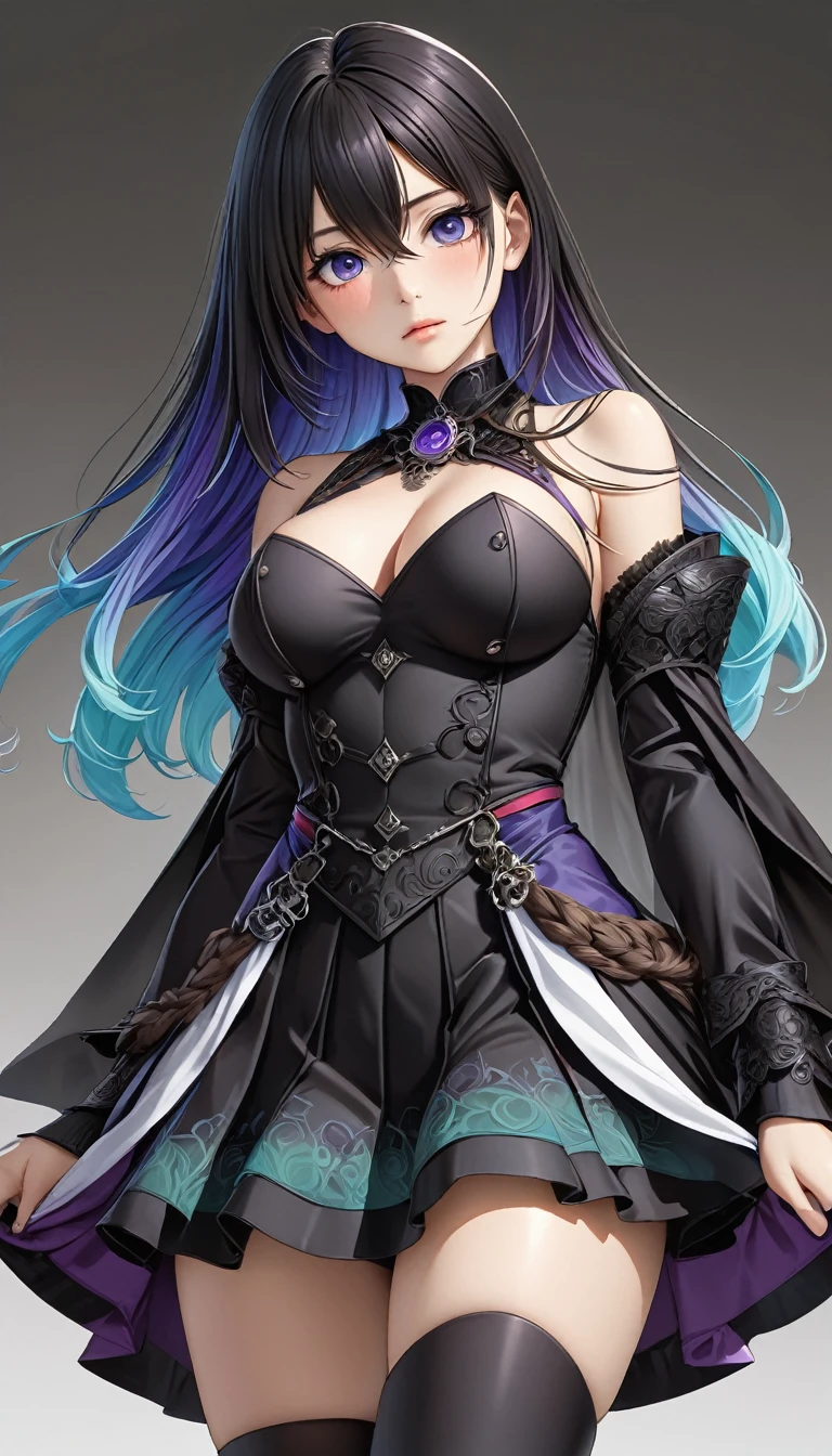 High resolution, (One woman), Alone,Anatomically correct,Detailed face,Anime CG Style Knights&Magic Wind,blush,cute,(Beautiful face),(Highly detailed eyes and face:1.2),(Sharp, long, droopy eyes),Looking at the audience,(Beautiful breasts),Background details,(No background),(No objects other than people:1.8),Good lighting,Perfect body,Upper body painting,Pose Details,Kneeling,Stick your butt out,(Raise your upper body),Exquisite hair details,(Soft and silky hair:1.4),(Layered Straight Hair:1.2),Gradient Hair,Costume details,Intricate and detailed goth costumes,Micro Pleated Mini Skirt, Color scheme details,Soft color palette,Sharp focus, Physically Based Rendering, Very detailed explanation,High resolution, 超High resolution, Studio Lighting, Ultra-fine painting,