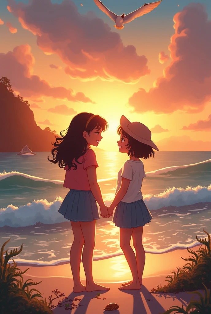 Two girls sitting on the shore of the beach while the water touches their feet and a sunset in the background and the girls chat, and they are laughing, one with half-curly hair and another with very short straight hair, That the curly one is called Belén and the smooth one María and that there is a dolphin jumping in the seabed and a bird passing by leaving them a shell and that there is a seaweed at their feet and that it is realistic