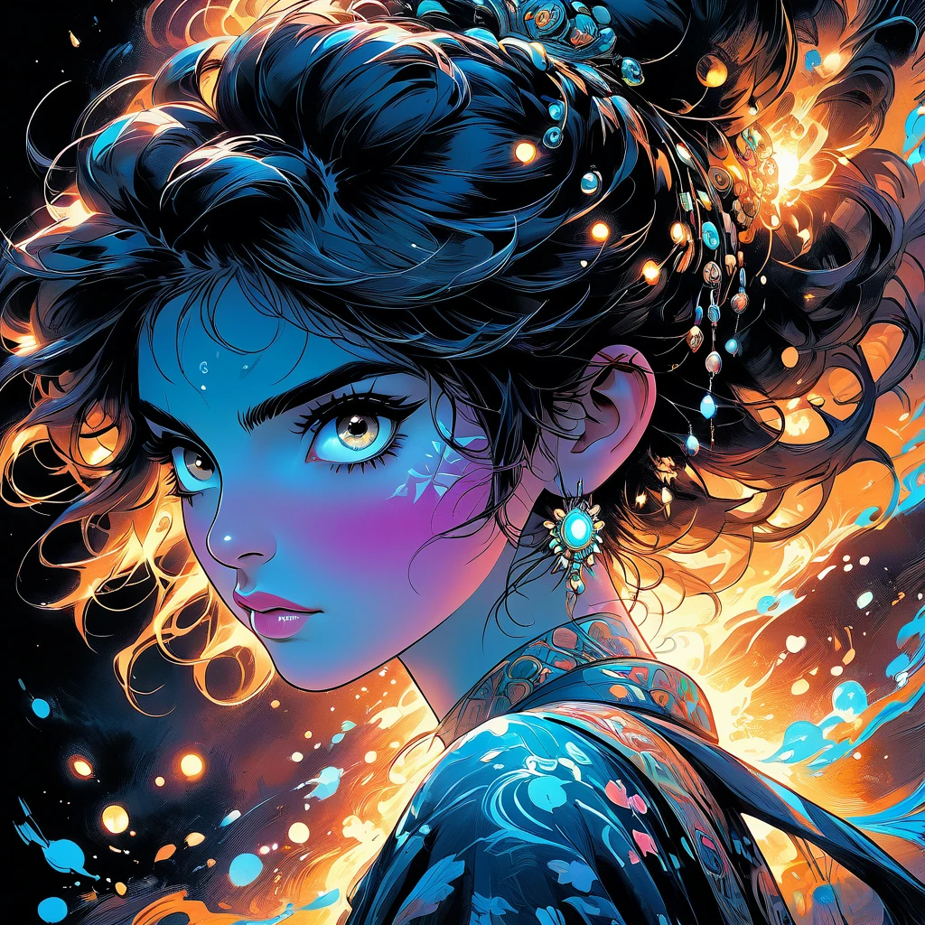 fluorescent horizon, digital brush strokes, UFO-style studio shading from above, 
shadow art, digital illustration, comic style, realistic shadows, Depth of field, bokeh,
1 girl, grown-up (elvish:0.7) Woman,  amber eyes, dark brown hair cut in wedge,  
standing alone, facing the front, from front view, (whole body:0.6), (eyes locked:1.1),   detailed back ground, face detailed,  third glowing magic eye on forehead, eye tattoo, Illusionist, Psychic Powers, knowledge,   Controle mental, hypnosis,  enchantment, psychomancy,   clairvoyance, mesmerizing, Aura,   mind portal, mental energy, magical blue psychic energy emanating, updraft,  magic in the background, ethereal atmosphere,
art by Fabian Perez, Henrique Asensio, Jeremy Mann, Marco Simonetti, Studio Ghibli Genshin Impact