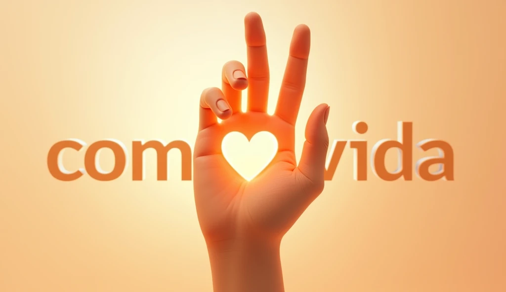 A close-up of a human hand held upright, with a heart-shaped cutout in the center of the palm. The background is a soft gradient of warm colors, such as light orange fading into white. Below or next to the hand, the word "COMVIDA" is written in bold letters, with "COM" in white and "VIDA" in orange. The overall style is clean and modern, with a slight glow around the hand and text to emphasize warmth and positivity.