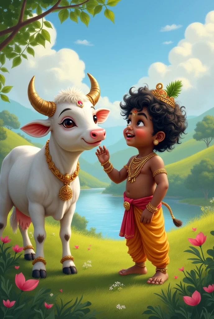 Create the image little Krishna with cow
