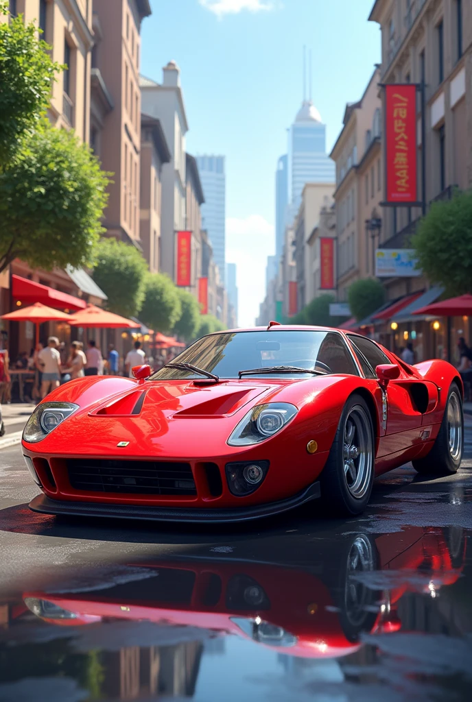 Red car in town




