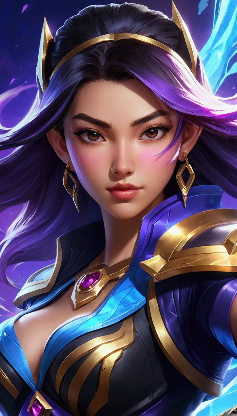a close up of a card with a character on it, epic battle screen of hero, mobile legends, kda, wild rift, character splash art, full protrait, inspired by Jules Chéret, iconic character splash art, ui card, tane skin, inspired by Cao Buxing, epic mage girl character, ig model | artgerm, style league of legends