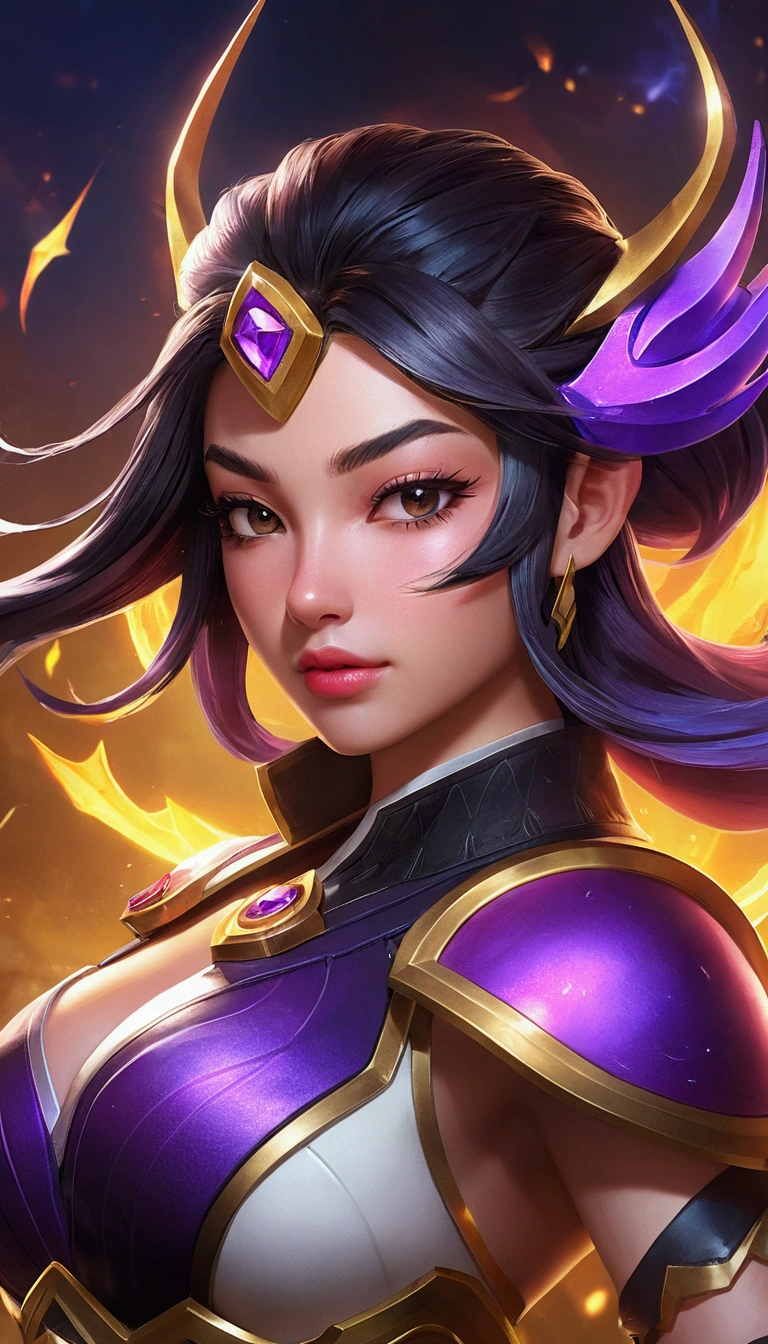 a close up of a card with a character on it, epic battle screen of hero, mobile legends, kda, wild rift, character splash art, full protrait, inspired by Jules Chéret, iconic character splash art, ui card, tane skin, inspired by Cao Buxing, epic mage girl character, ig model | artgerm, style league of legends