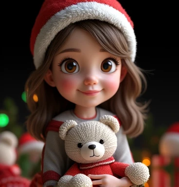 Stuffed teddy bear, teddy bear wearing Christmas clothes, girl holding and smiling at teddy bear, Christmas decorations in the room