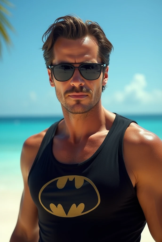 Christian Bale british actor wearing a black Batman logo grey tank and black sunglasses at a caribean beach day time blue sky