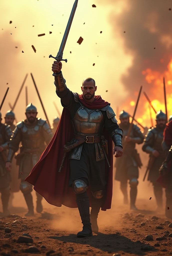 Medieval mercenary squad of 200 people led by a 2 man, He has short hair with shaved sides, Spanish nationality, He is raising a sword to the sky, He is right-handed, None of them have a cape on their uniform, realistic image, There is movement, They are on a battlefield,  They are runningrunning (They don&#39;t look static)  there is fire behind, you see dust rising, small flying wood splinters