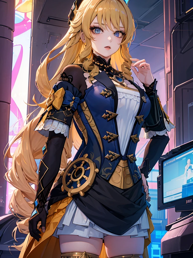 Navia from Genshin impact, 1woman, wearing a futuristic cyberpunk outfit, at future city, blonde colour hair style, 8k, high detailed, high quality