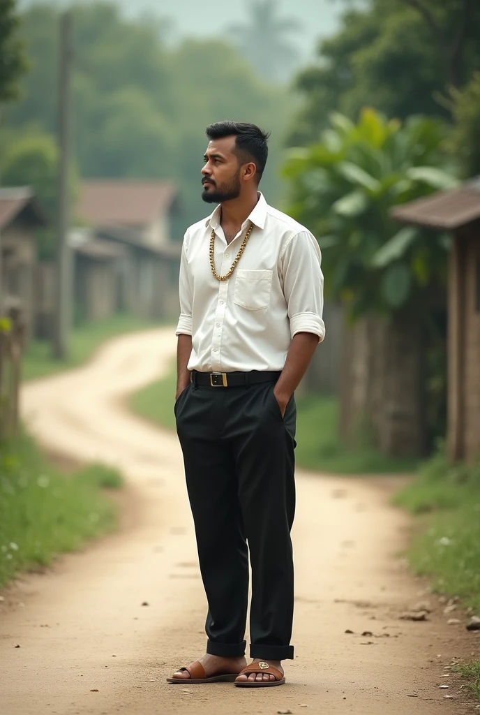 A man wearing white shirt and black pant and wearing gold chain and slippers standing on the road waiting for in the village, give full body of image