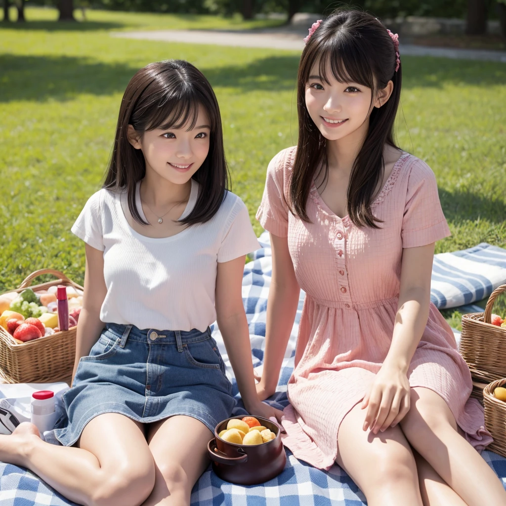 Japan Girls、Sitting on a picnic blanket in the park、Wearing cute little summer clothes、Actual photo、High resolution, masterpiece, Accurate, Anatomically correct, 最高quality, Attention to detail, High resolutionモデル, 高quality, quality, Very detailed, Textured skin, 超High resolution, smile, 8k octane, 