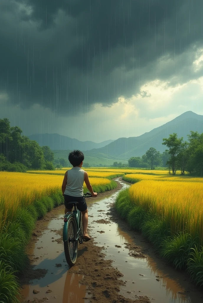 A young boy rides his bicycle along a muddy path in a rural village, bordered by golden rice fields and dense greenery. Dark storm clouds gather overhead as the first raindrops fall, reflecting in puddles on the path. The scene captures the tranquil beauty of the countryside just before a monsoon downpour.