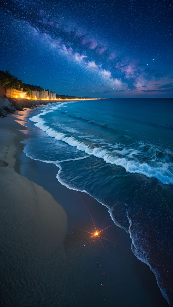 There are countless stars in the night sky, ecstatic stars, rippling beaches, dark blue sky blue, brightly shining stars, falling meteor stars, moonlit beaches, live-action, realistic, masterpiece, 4K