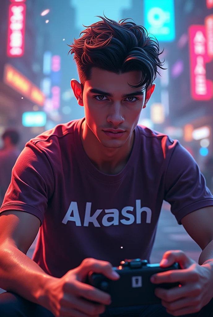 HANDSOME BOY PLAYING FREE FIRE T-SHIRT NAME PRINT AKASH WRITTEN ON IT