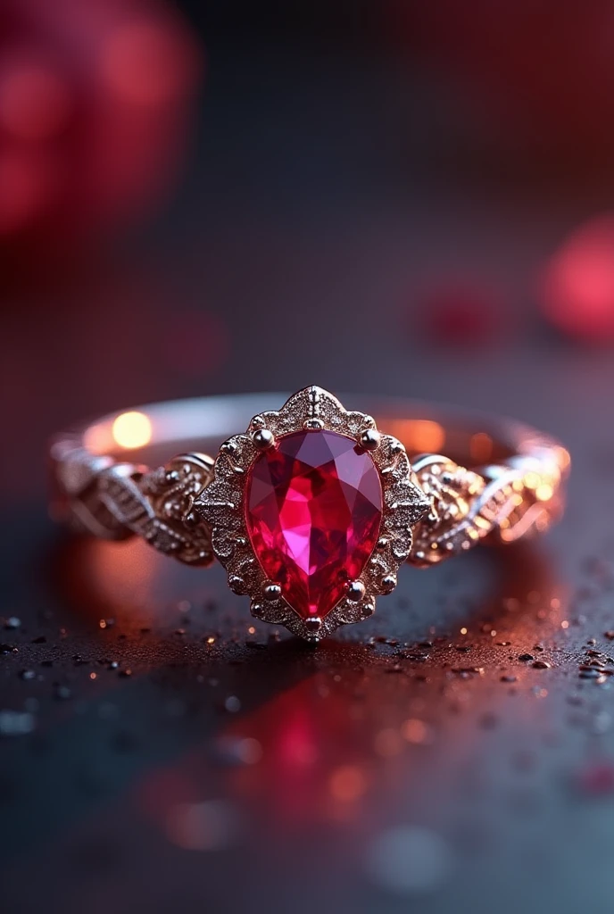a beautiful detailed silver wedding ring with a red ruby diamond, the ring is thin and the diamond is not embedded, intricate engraved patterns, glowing inner light, ethereal atmospheric lighting, extremely detailed, 8k, photorealistic, studio lighting, physically-based rendering, vibrant colors, cinematic composition