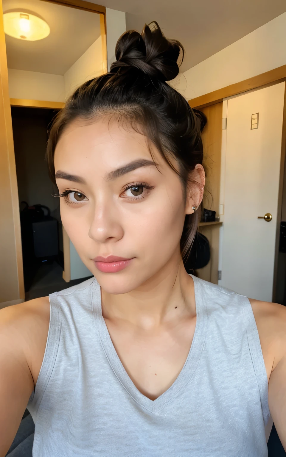 1 girl, bun hair, japanese face, natural make up, top, very muscular, room, selfie