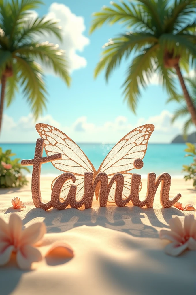 create a 3d picture of the word "TAMIN", white
letters in wings, flowers, garden, park and
background have pristine beach Palm trees
sway gently in the warm breeze, clouds,
casting long shadows across the sand. 3d
realatic and ultra quality picture