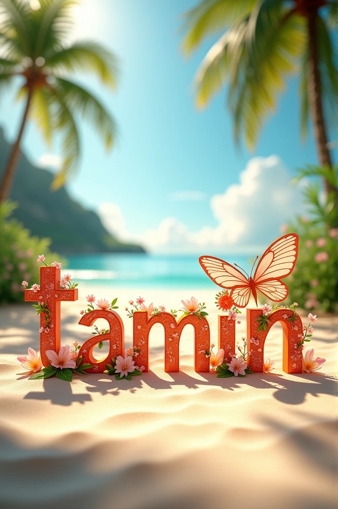 create a 3d picture of the word "TAMIN", white
letters in wings, flowers, garden, park and
background have pristine beach Palm trees
sway gently in the warm breeze, clouds,
casting long shadows across the sand. 3d
realatic and ultra quality picture