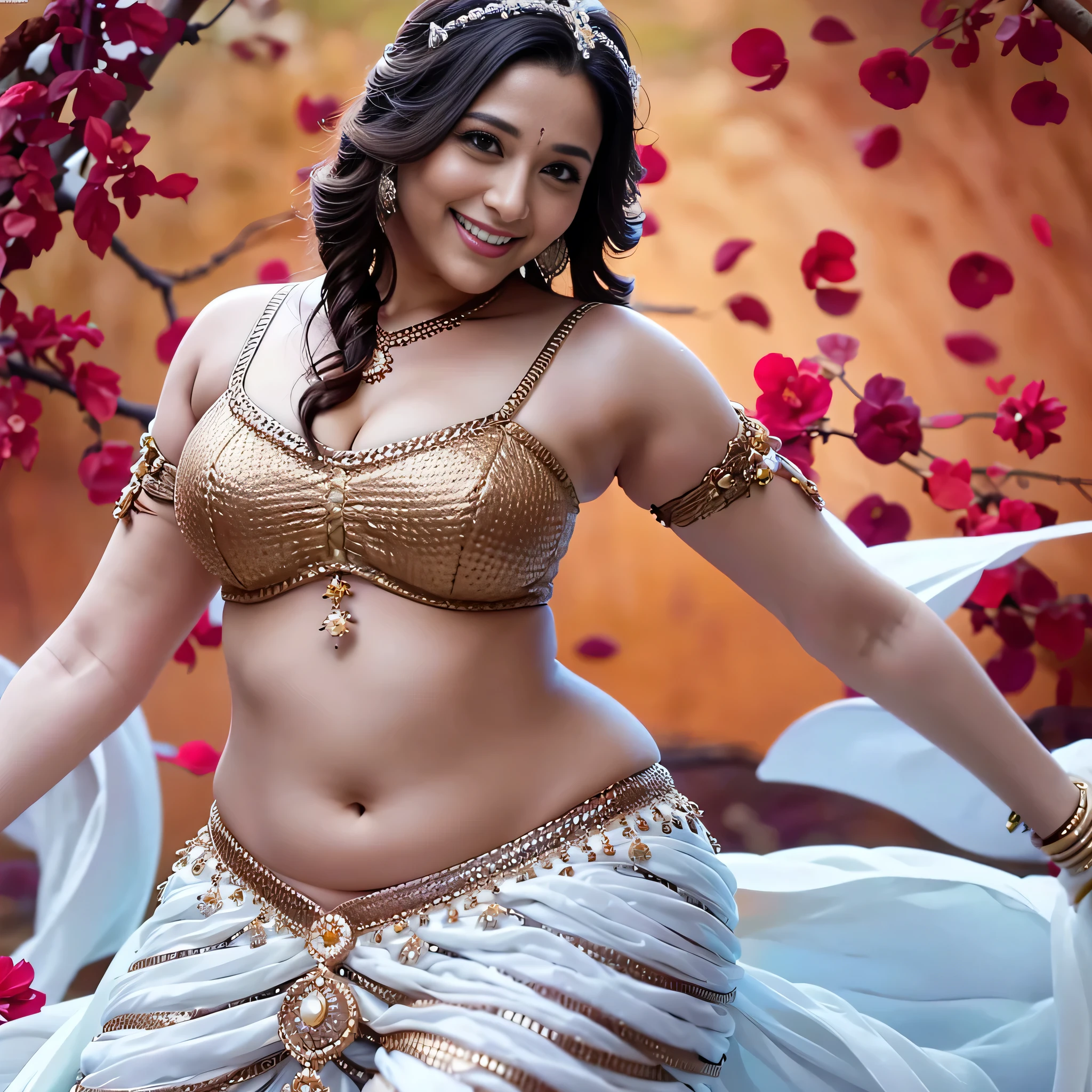 HD wallpaper 32k cinematic shoot of a Beautiful cute girl, with thick thighs and a curvy waist, wearing a beautiful Indian dress, ((lowwaist)), ((smiling)) background Rose background colourful beauty background