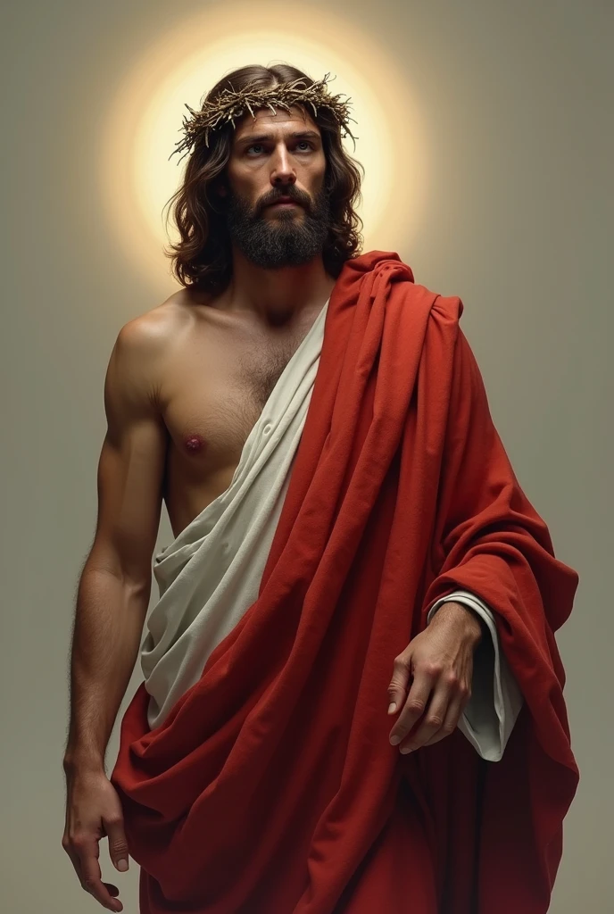 Jesus looking ahead, with marks of torture, with a towel covering your hips and legs, with a red cape covering his upper body, without belt, without wearing a crown of thorns and a light coming out behind his head