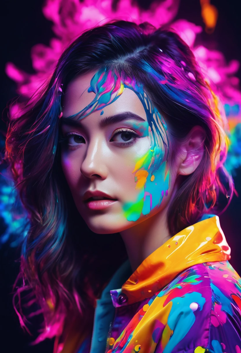 (close), Portraiture,woman  Portraiture, (alone), masterpiece, Highest quality, Clothes with strong contrast, psychedelic, [[[lsd]]], particle, bloom, Neon lighting, (Shine), Flat Color, Splashes of color, Mixing colors