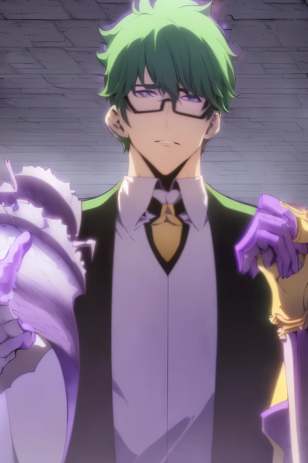 a male character with green hair, glasses, purple eyes, intellectual face, green gloves, circular glasses, in the background of a fantasy dungeon, anime style of solo leveling, (best quality,4k,8k,highres,masterpiece:1.2),ultra-detailed,(realistic,photorealistic,photo-realistic:1.37),intricate details,dramatic lighting,cinematic composition,vibrant colors