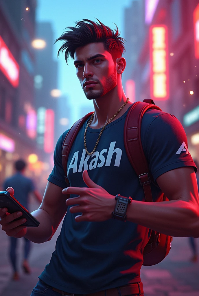 HANDSOME BOY PLAYING FREE FIRE T-SHIRT NAME PRINT AKASH WRITTEN ON IT
