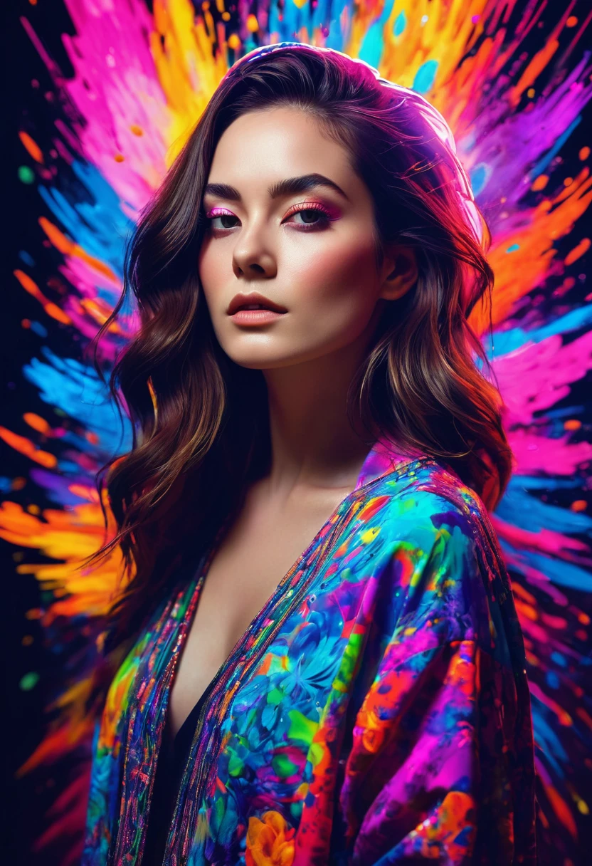 (close), Portraiture,woman  Portraiture, (alone), masterpiece, Highest quality, Clothes with strong contrast, psychedelic, [[[lsd]]], particle, bloom, Neon lighting, (Shine), Flat Color, Splashes of color, Mixing colors