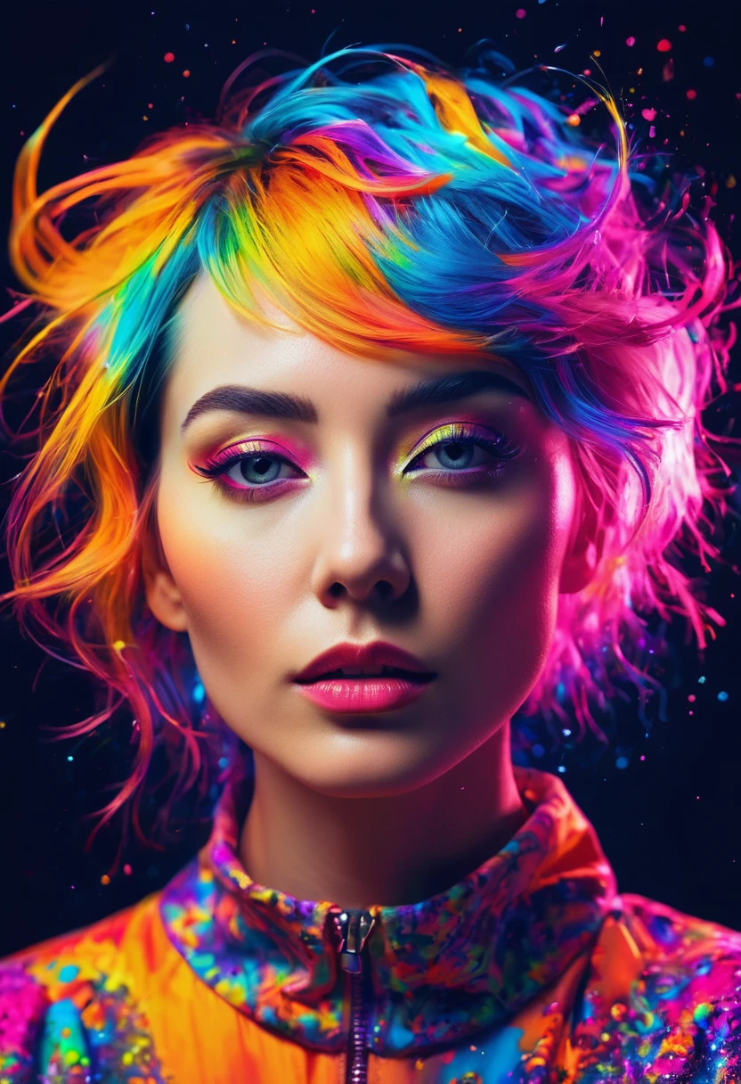 (close), Portraiture,woman  Portraiture, (alone), masterpiece, Highest quality, Clothes with strong contrast, psychedelic, [[[lsd]]], particle, bloom, Neon lighting, (Shine), Flat Color, Splashes of color, Mixing colors