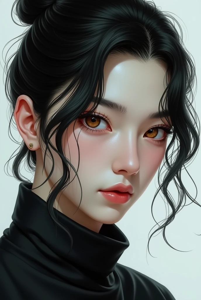 Boy with jet black hair in a bun, hazel eyes and whitish skin.