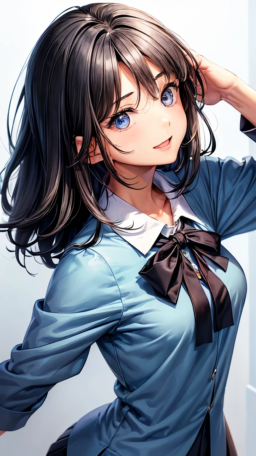 A Japanese fresh and mature junior high school girl ((very small breast , slender)), grayish brown very short hair((asymmetrical voluminous hair, smooth wavy, shaggy forelock:1.5)),(( jet black school uniform )),((big round droopy pale blue and deep blue eyes)), tidy and happy smile((a little bit opened mouth )), cheerful face, gentle and excited atmosphere, blush , eyelashes, tidy posing ,(( face focus:1.4)),((best quality))