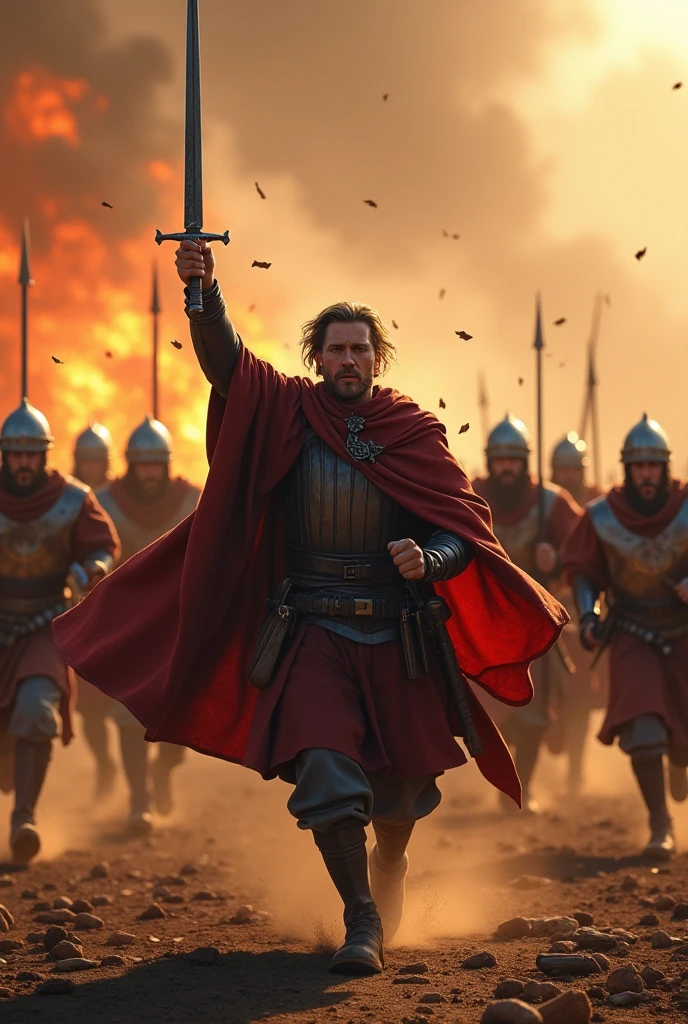 Medieval mercenary squad of 200 people led by a 2 man, He has medium hair with shaved sides, Spanish nationality, He is raising a sword to the sky, He is right-handed, None of them have a cape on their uniform, realistic image, There is movement, They are on a battlefield, They are runningrunning (They don't look static) there is fire behind, you see dust rising, small flying wood splinters
