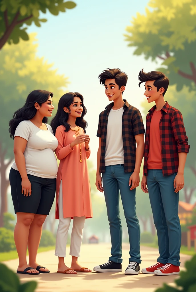 Groups of 5 friends there are 2 girls and three boys thwre one girl is chubby and wear white colur tshirt and bkack half pant and second girl wear peach kurti and white pajama she has small round face one boy wear blue jeans and red tshirt and one boy wear white and black tshirt and black lower one boy wear checked shirt and blue jeans