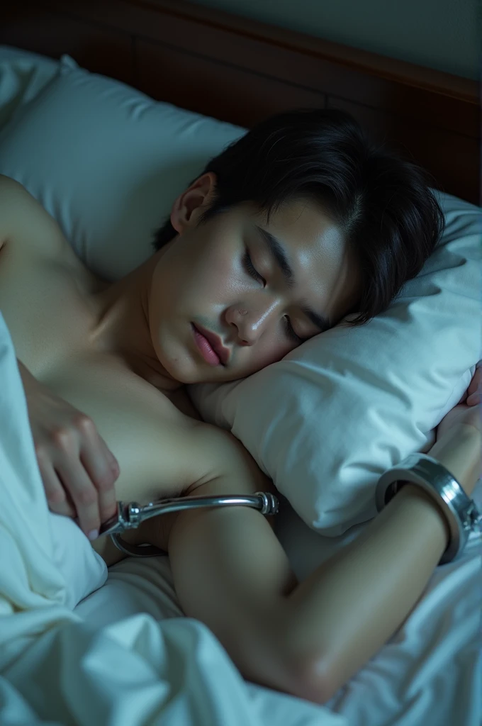 Young man sleeping in bed tied with handcuffs