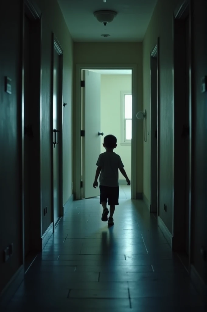 The boy leaves the room and goes to the bathroom . In 16:9 ration . Wide film angle
