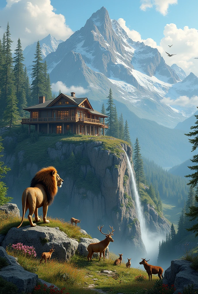 Make a beautiful house in mountains surrounding the beautiful nature and one lion and some differents animal all looking at the house in mountains top