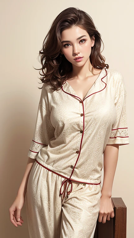 young woman beautiful breasts and large breasts with wavy short brown hair ,Fair-white, wet skin ,in pajamas, drawstring style, geometric print, casual style ,elegant pose ,beige color background, looking at viewer, advertising photography