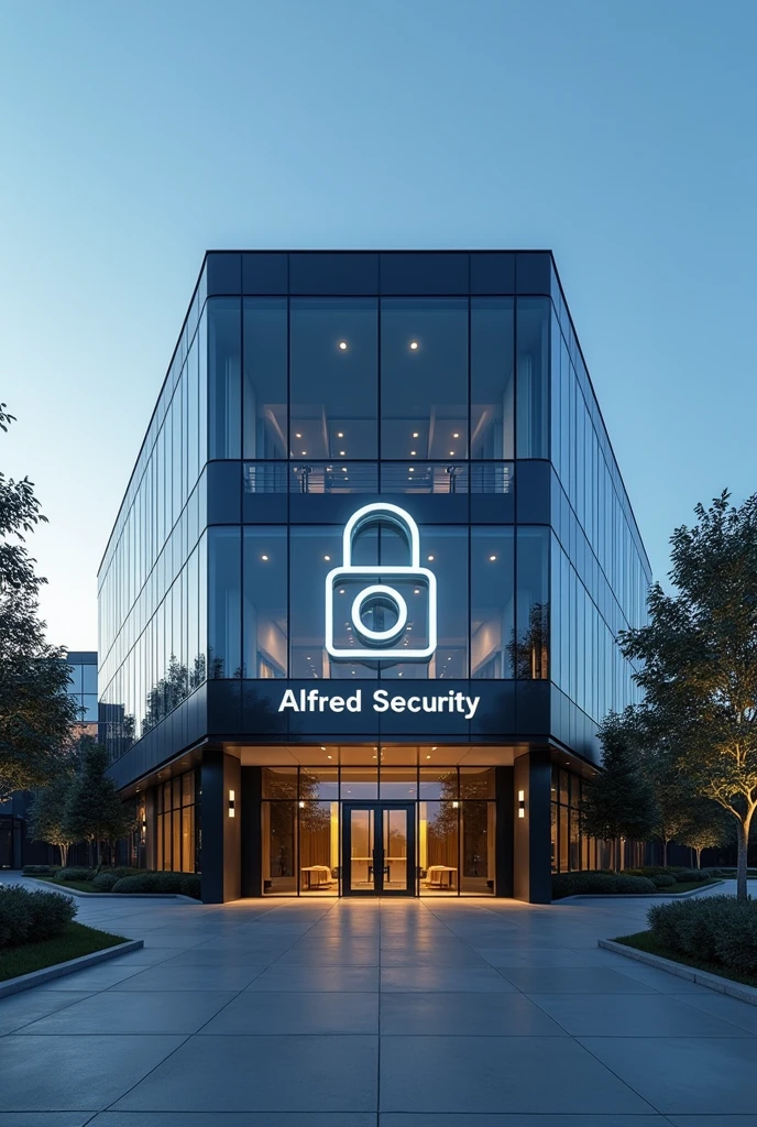 A large two-story company with a closed padlock design on the front that says= "Alfred segurity", American construction and architecture, , the company is a technology company,  "Alfred segurity 🔒"