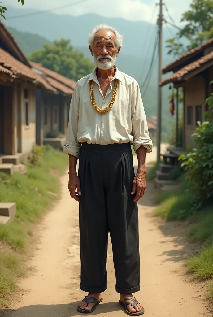 A old man  wearing white shirt and black pant  and wearing  gold chain  and slippers standing on the road waiting for in the village, give full body of image
