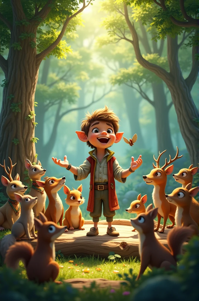 Guddū standing on a makeshift stage made of tree branches, surrounded by a group of various animals like deer, birds, and squirrels. He is animatedly telling a story, with an expression of excitement. The animals are gathered around, looking intrigued and curious.
Guddū’s New Story with the Magical Pond: