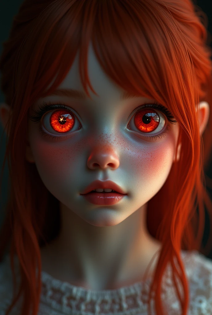 1 girl, star eye, blush, perfect lighting, Red hair, Red eyes, unreal engine, side lighting, detailed face, hits, shiny skin, simple background, dark background