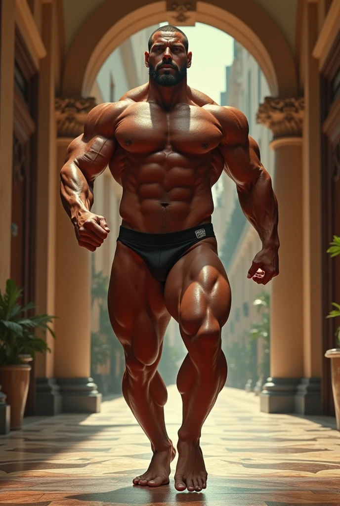 a muscular man in a speedo walking down a hallway, extremely detailed, hyper realistic, 8k, photorealistic, physically-based rendering, extremely detailed facial features, chiseled abs, bulging muscles, dramatic lighting, cinematic composition, vibrant colors, dramatic shadows, high contrast, (huge bodybuilder:1.5)