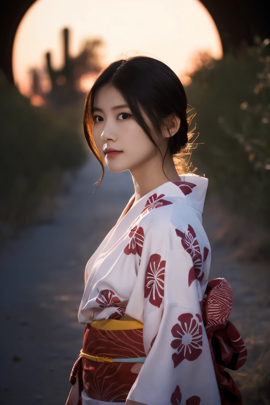 1 girl, (Wear a cute red yukata:1.2), Very beautiful Japanese idol portraits, 
(RAW Photos, Highest quality), (Realistic, Realistic:1.4), (masterpiece), 
Very delicate and beautiful, Very detailed, 2k wallpaper, wonderful, finely, Very detailed CG Unity 8K wallpaper, Very detailed, High resolution, Soft Light, 
Beautiful detailed girl, Very detailed目と顔, Beautiful and sophisticated nose, Beautiful and beautiful eyes, Cinema Lighting, 
(Standing in the desert on a moonlit night:1.3), (Big Moon), (月明かりに浮かぶ少女のwhole bodyのシルエット), (Dark screen:1.5), 
(Medium Hair), (Bring your hair back), (whole body), 
Complete Anatomy, Slender body, Small breasts