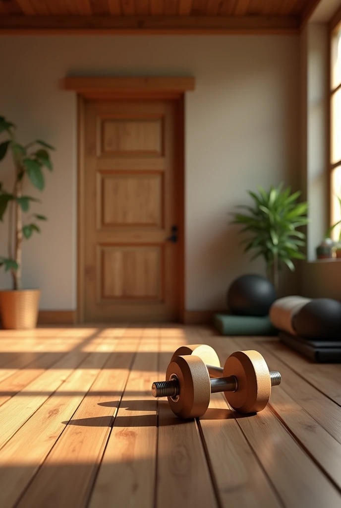 Background in gym room wooden floor warm background with dumbbells on one side of the image
