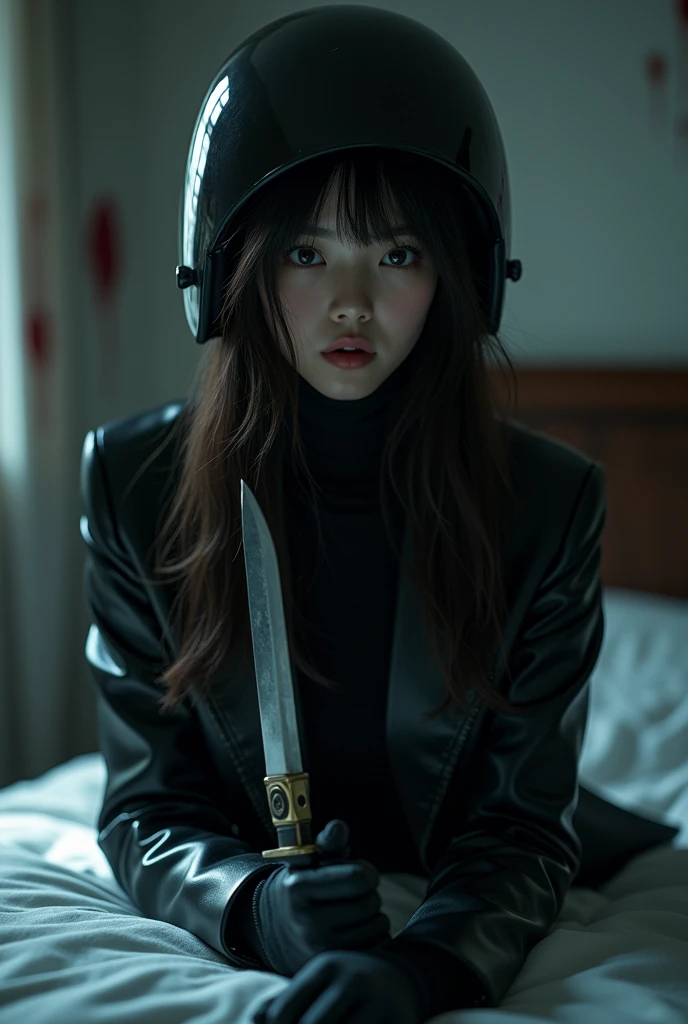 韓国のgirl, (behind , Full Face Helmets), Holding a knife, It feels like a stabbing pain, Black Leather Gloves, room , Black leather jacket, Black Suit,Leather pants,girl, Long Bangs, Holding a knife, Black Leather Gloves, behind , Blood splatter, 20-year-old, bed room, Black wetsuit, night, mass murderer, killer, robbery, Dark atmosphere, Cinema Lighting, Atmospheric and realistic, Close-up of light coming from a window,Beautiful woman&#39;s 