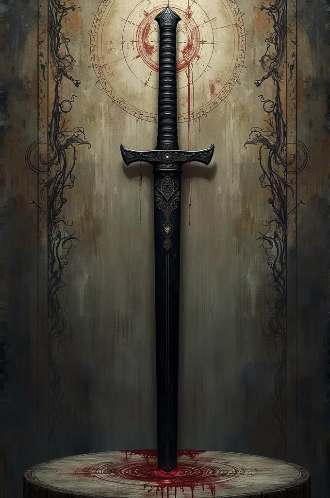 Create better quality, work of art, detailded, in the style of the Paranormal Order RPG, 1 Black Discreet Katana, with blood ritual drawings